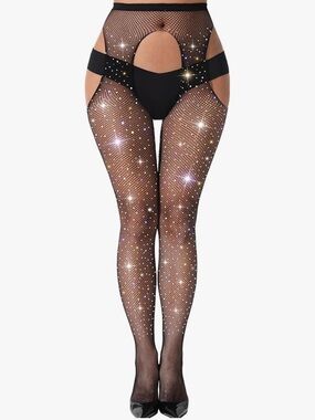 Black Sparkle Fishnet Garter Tights - Women's Fashion